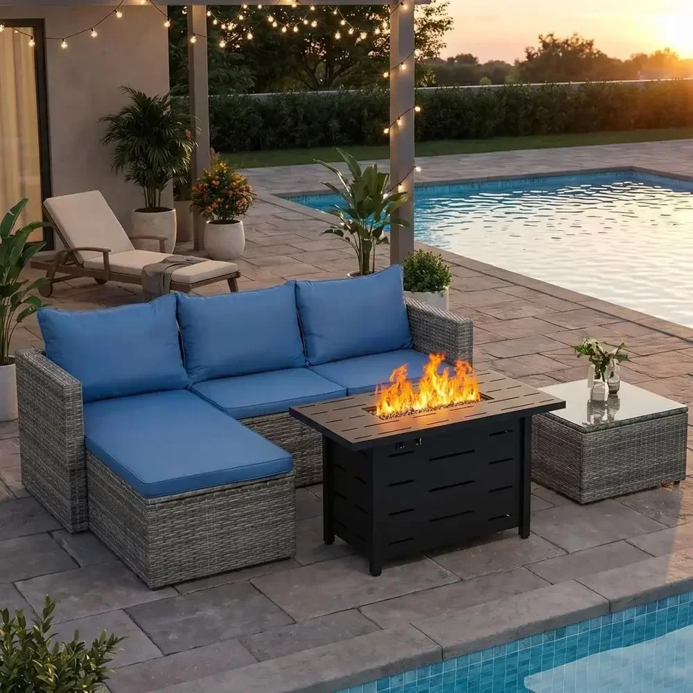 Outdoor Furniture And Fire Pit - 4 Parçalı Açık Hava Hasır Bahçe